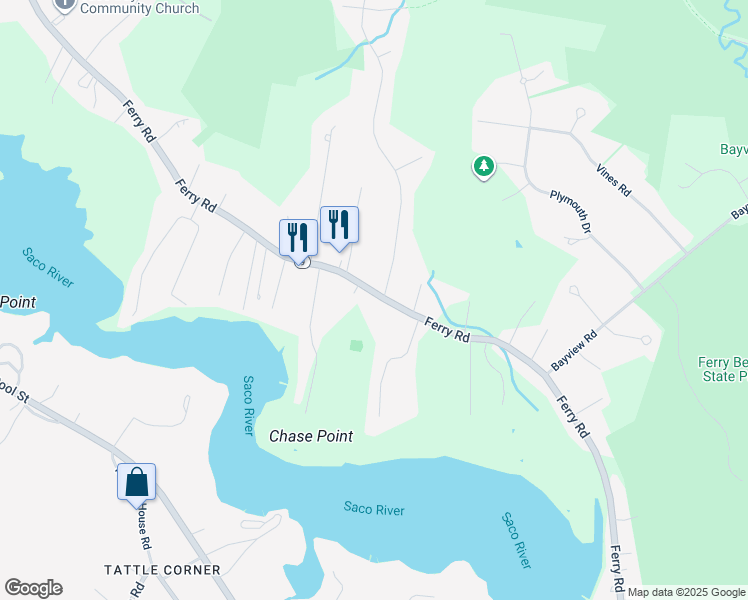 map of restaurants, bars, coffee shops, grocery stores, and more near 335 Ferry Road in Saco