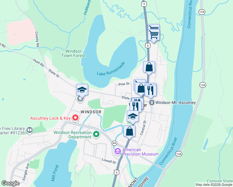 map of restaurants, bars, coffee shops, grocery stores, and more near 65 State Street in Windsor