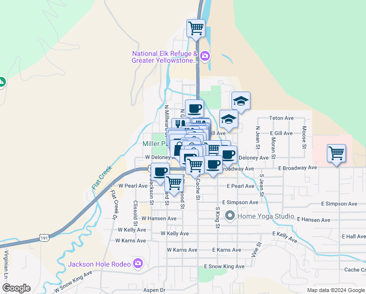 map of restaurants, bars, coffee shops, grocery stores, and more near 132 Glenwood Street in Jackson