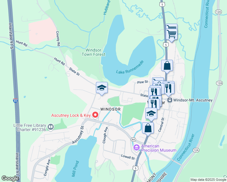 map of restaurants, bars, coffee shops, grocery stores, and more near 115 1/2 State Street in Windsor