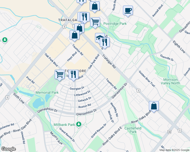 map of restaurants, bars, coffee shops, grocery stores, and more near 255 Lane 127 in Oakville