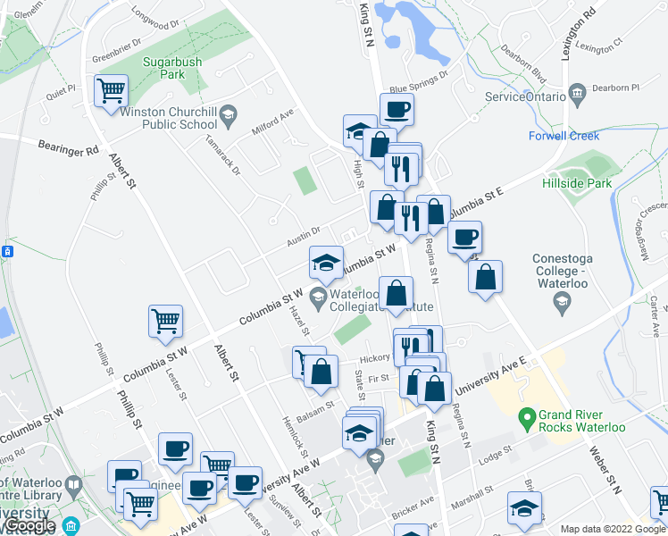 map of restaurants, bars, coffee shops, grocery stores, and more near 33 Columbia Street West in Waterloo