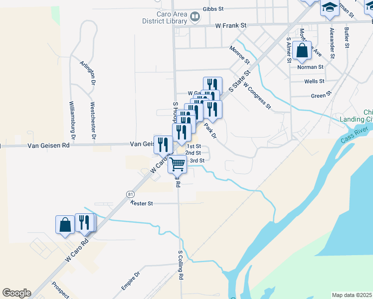 map of restaurants, bars, coffee shops, grocery stores, and more near 895 South State Street in Caro