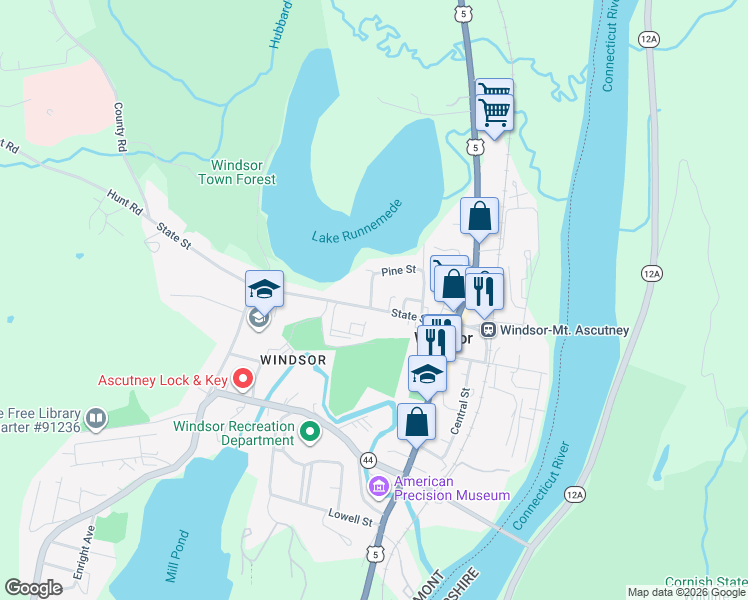 map of restaurants, bars, coffee shops, grocery stores, and more near 65 State Street in Windsor