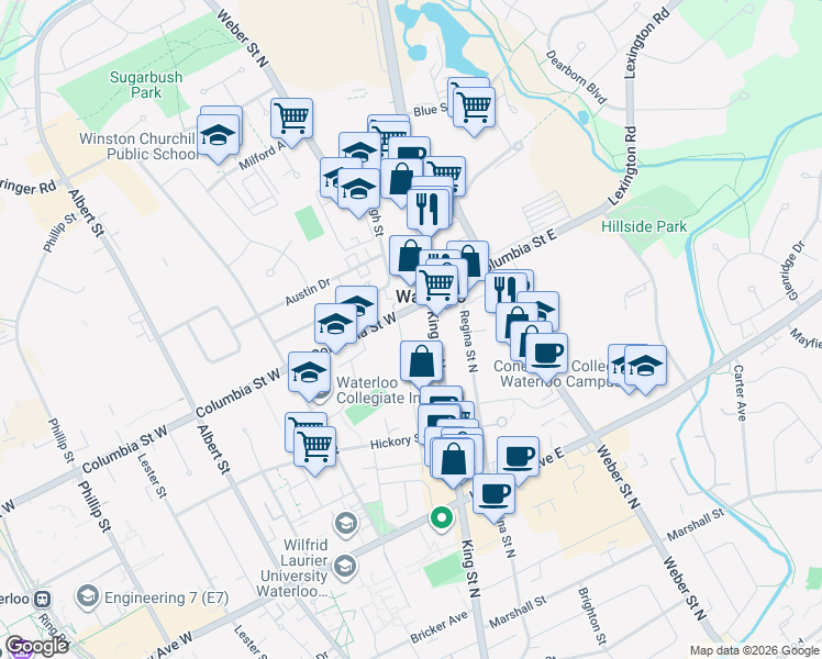 map of restaurants, bars, coffee shops, grocery stores, and more near 348 Spruce Street in Waterloo
