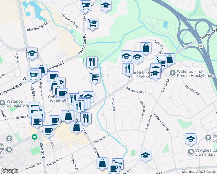 map of restaurants, bars, coffee shops, grocery stores, and more near 145 Macgregor Crescent in Waterloo