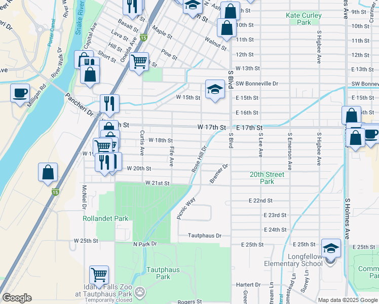 map of restaurants, bars, coffee shops, grocery stores, and more near Rose Hill Drive in Idaho Falls