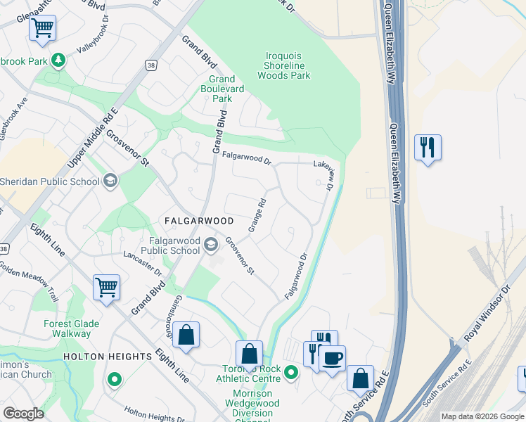 map of restaurants, bars, coffee shops, grocery stores, and more near 1196 Grange Road in Oakville