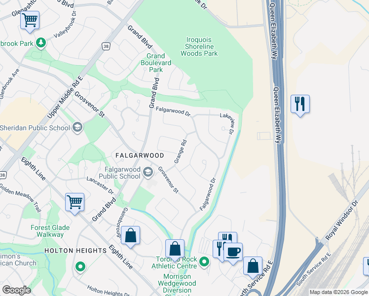 map of restaurants, bars, coffee shops, grocery stores, and more near 1218 Grange Road in Oakville