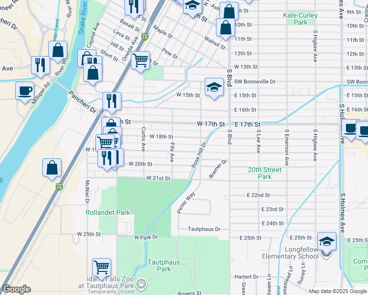 map of restaurants, bars, coffee shops, grocery stores, and more near 275 West 19th Street in Idaho Falls