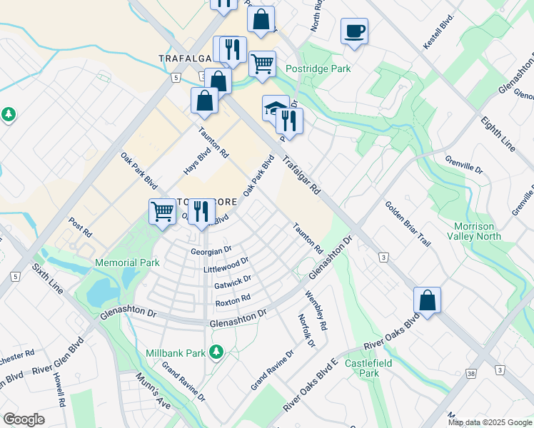 map of restaurants, bars, coffee shops, grocery stores, and more near 255 Lane 127 in Oakville