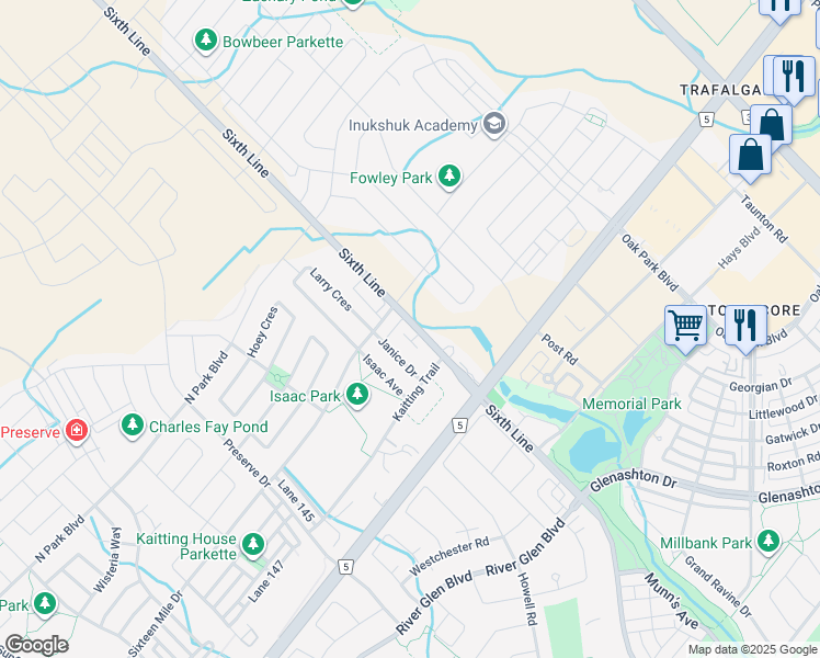 map of restaurants, bars, coffee shops, grocery stores, and more near 3069 Janice Drive in Oakville