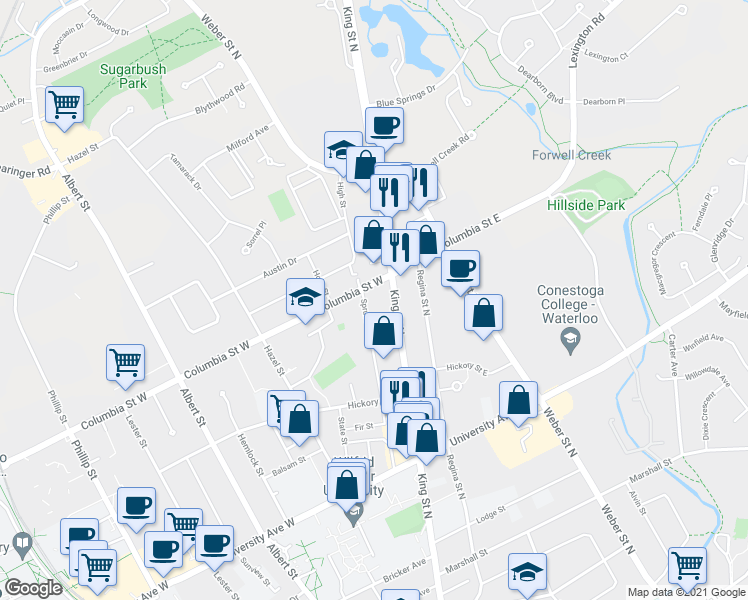 map of restaurants, bars, coffee shops, grocery stores, and more near 341 Spruce Street in Waterloo