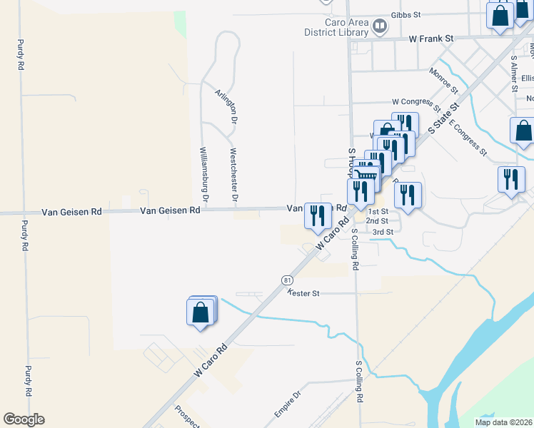 map of restaurants, bars, coffee shops, grocery stores, and more near 1619 Van Geisen Road in Caro