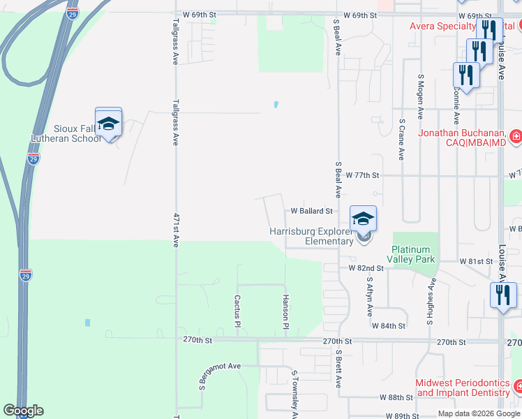 map of restaurants, bars, coffee shops, grocery stores, and more near 7119 Hanson Avenue in Sioux Falls
