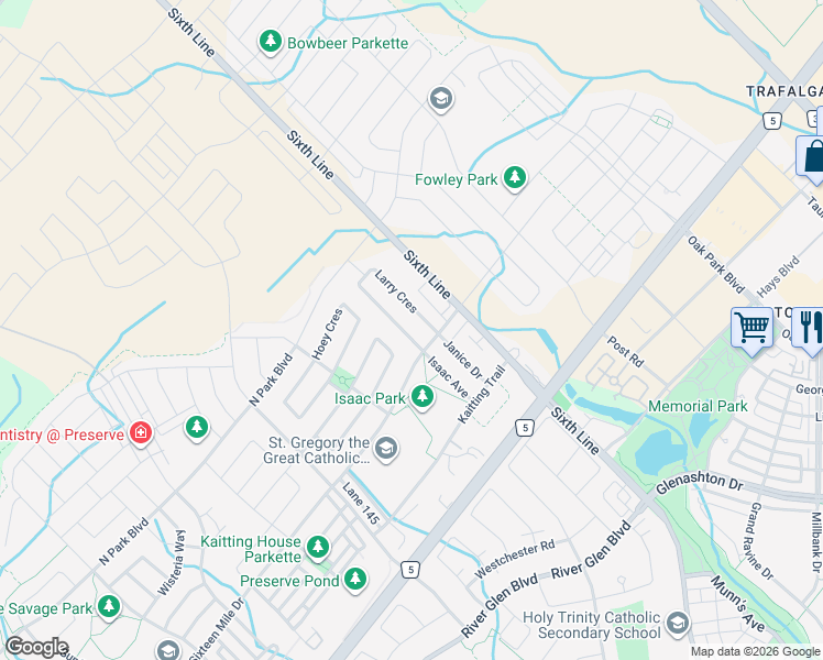 map of restaurants, bars, coffee shops, grocery stores, and more near 3117 Larry Crescent in Oakville