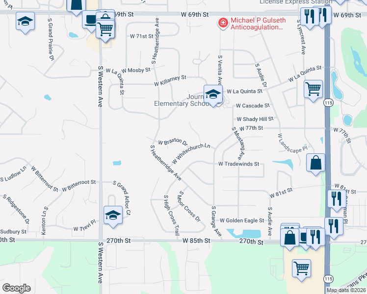 map of restaurants, bars, coffee shops, grocery stores, and more near 1301 West Braxton Drive in Sioux Falls