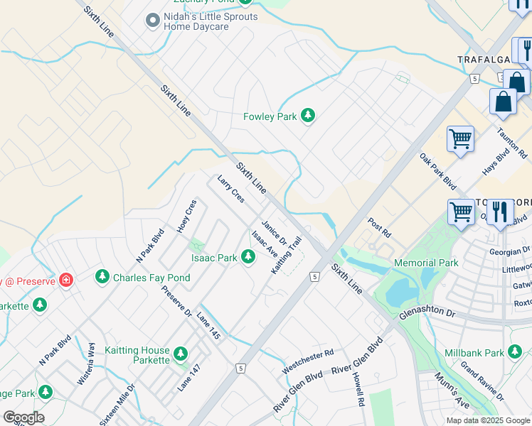 map of restaurants, bars, coffee shops, grocery stores, and more near 16 Sixteen Mile Drive in Oakville