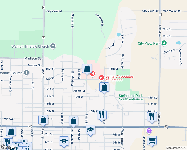 map of restaurants, bars, coffee shops, grocery stores, and more near 707 14th Street in Baraboo