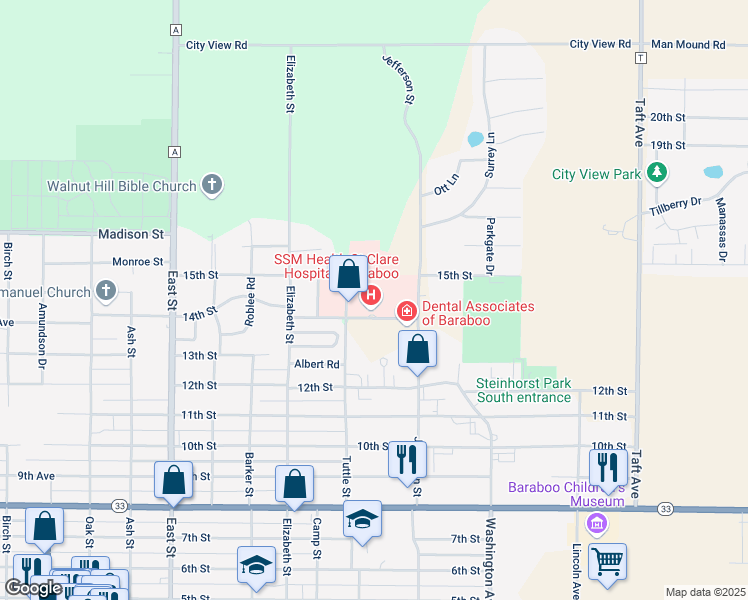 map of restaurants, bars, coffee shops, grocery stores, and more near 707 14th Street in Baraboo