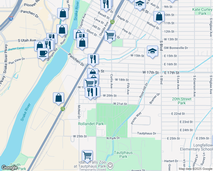 map of restaurants, bars, coffee shops, grocery stores, and more near 457 West 19th Street in Idaho Falls