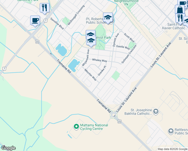 map of restaurants, bars, coffee shops, grocery stores, and more near 924 Minchin Way in Milton