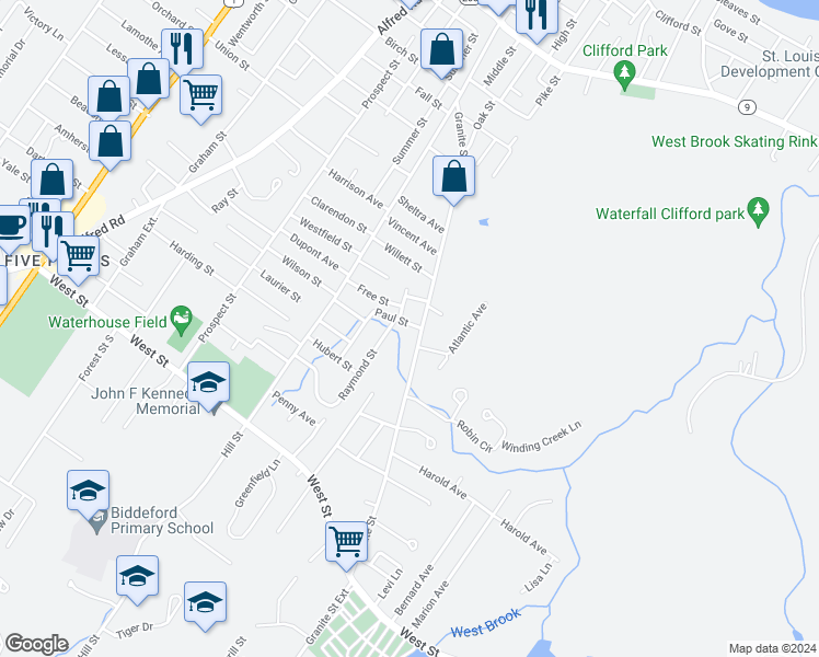 map of restaurants, bars, coffee shops, grocery stores, and more near 107 Granite Street in Biddeford