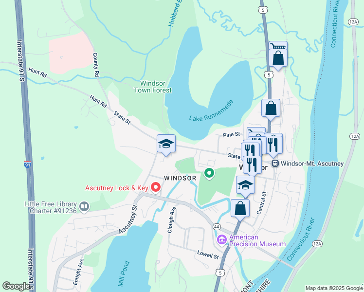map of restaurants, bars, coffee shops, grocery stores, and more near 115 1/2 State Street in Windsor