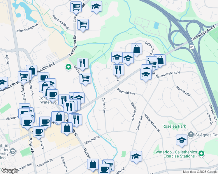map of restaurants, bars, coffee shops, grocery stores, and more near 147 Waterloo Regional Road 57 in Waterloo
