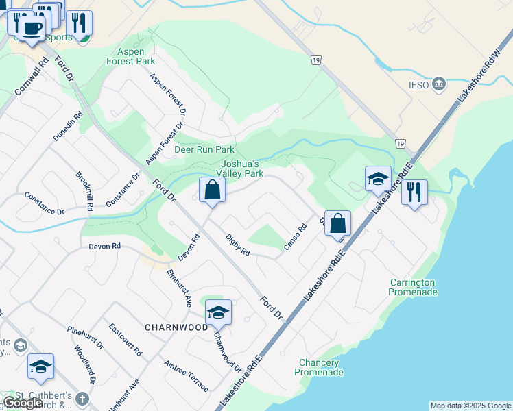 map of restaurants, bars, coffee shops, grocery stores, and more near 228 Chebucto Drive in Oakville