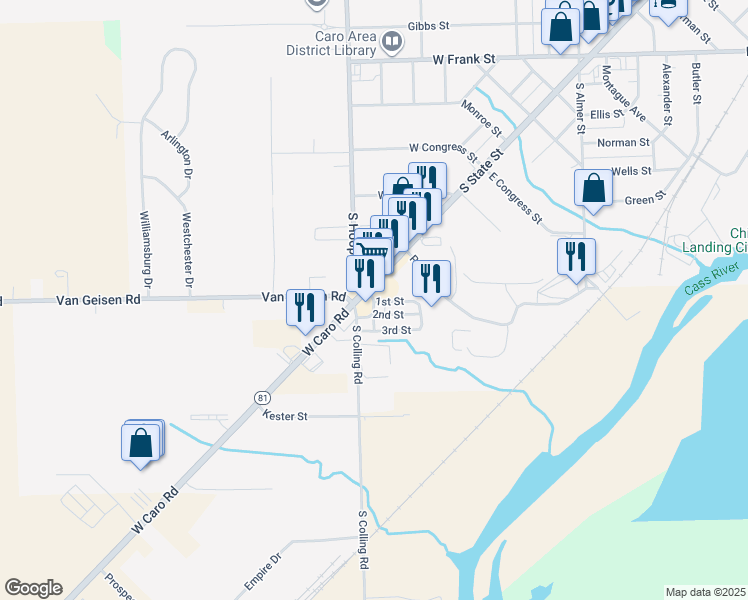 map of restaurants, bars, coffee shops, grocery stores, and more near 858 South State Street in Caro