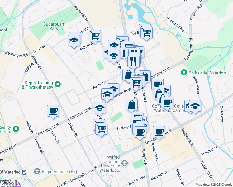 map of restaurants, bars, coffee shops, grocery stores, and more near 26 Columbia Street West in Waterloo
