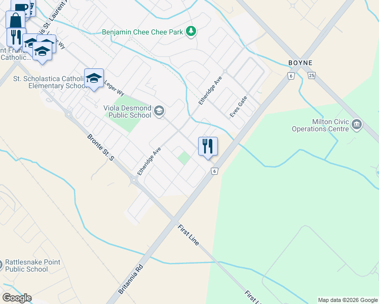 map of restaurants, bars, coffee shops, grocery stores, and more near 1543 Leger Way in Milton
