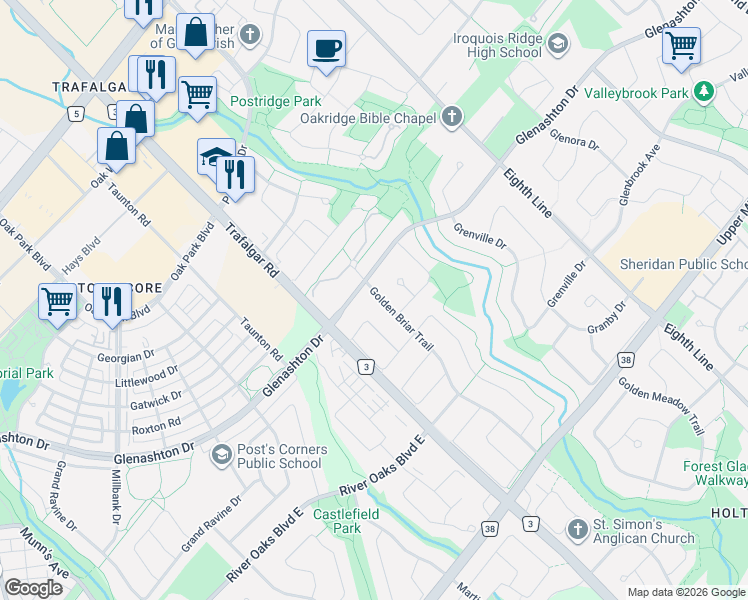 map of restaurants, bars, coffee shops, grocery stores, and more near 2208 Golden Briar Trail in Oakville
