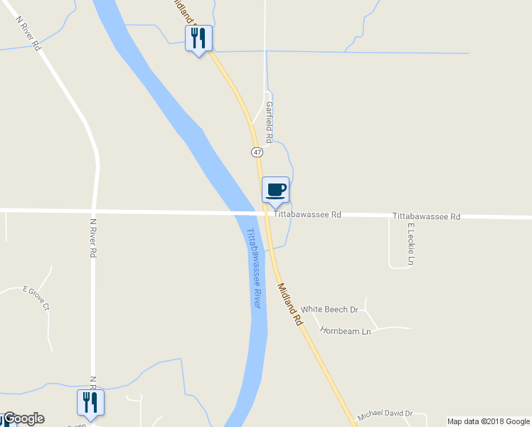 map of restaurants, bars, coffee shops, grocery stores, and more near 5000 Midland Road in Saginaw