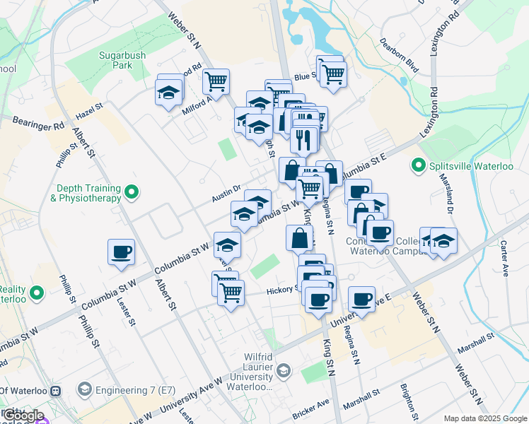 map of restaurants, bars, coffee shops, grocery stores, and more near 374 Holly Street in Waterloo