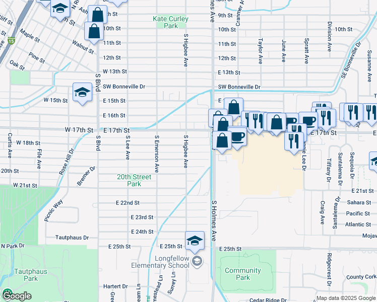 map of restaurants, bars, coffee shops, grocery stores, and more near 1775 South Higbee Avenue in Idaho Falls