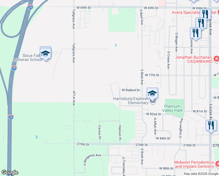 map of restaurants, bars, coffee shops, grocery stores, and more near 7101 Hanson Avenue in Sioux Falls
