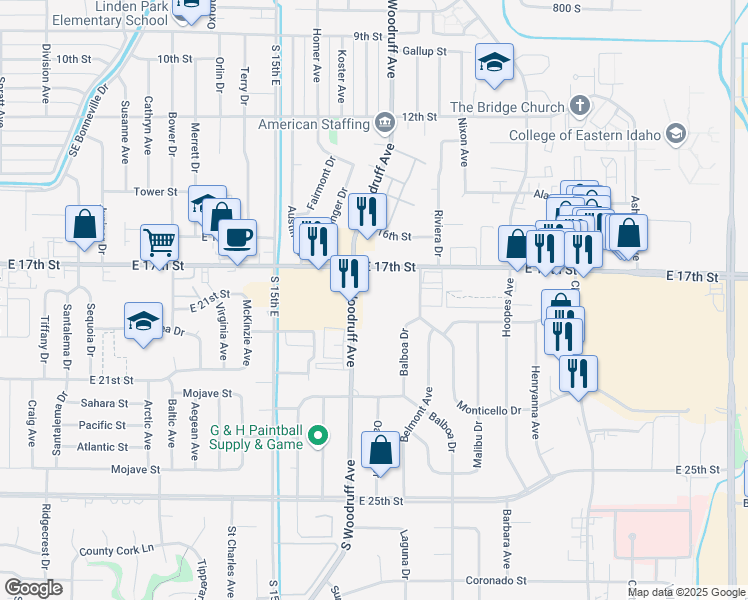map of restaurants, bars, coffee shops, grocery stores, and more near 1690 East 17th Street in Idaho Falls