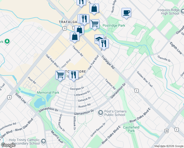 map of restaurants, bars, coffee shops, grocery stores, and more near 269 Georgian Drive in Oakville
