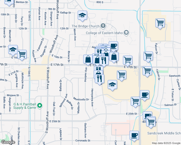 map of restaurants, bars, coffee shops, grocery stores, and more near 2064 E 17th St in Idaho Falls