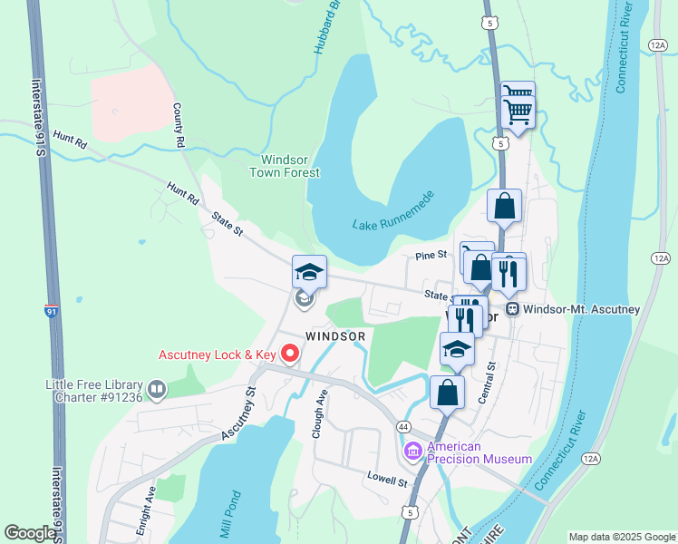 map of restaurants, bars, coffee shops, grocery stores, and more near 106 State St in Windsor