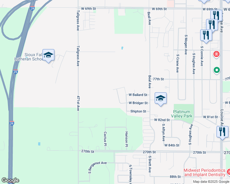 map of restaurants, bars, coffee shops, grocery stores, and more near 7101 Hanson Avenue in Sioux Falls