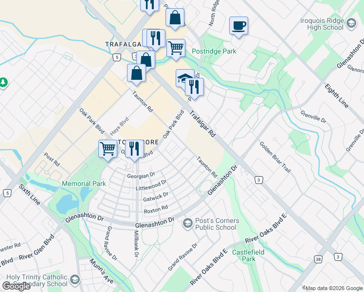 map of restaurants, bars, coffee shops, grocery stores, and more near in Oakville
