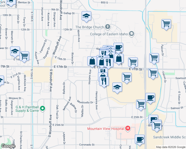 map of restaurants, bars, coffee shops, grocery stores, and more near 2064 E 17th St in Idaho Falls