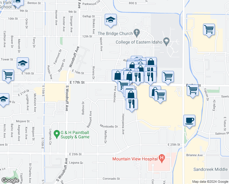 map of restaurants, bars, coffee shops, grocery stores, and more near 1754 Hoopes Ave in Idaho Falls