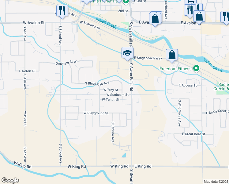 map of restaurants, bars, coffee shops, grocery stores, and more near 302 West Troy Street in Kuna