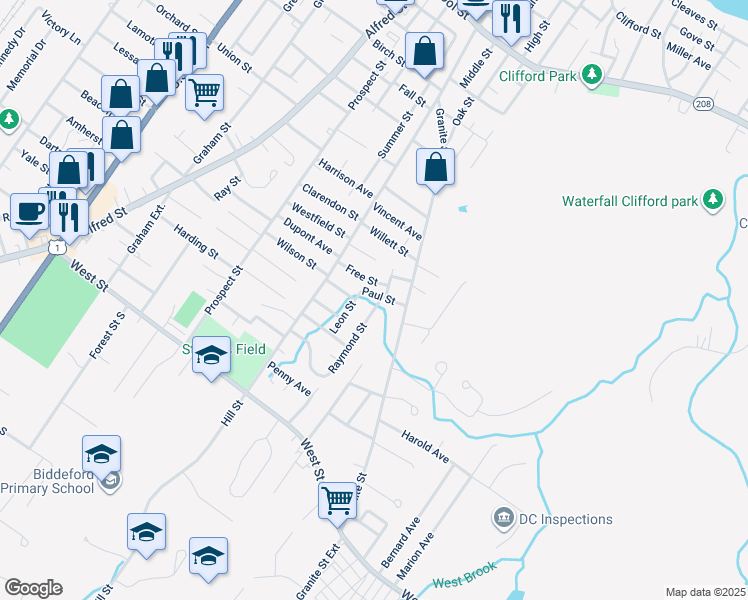 map of restaurants, bars, coffee shops, grocery stores, and more near 12 Free Street in Biddeford