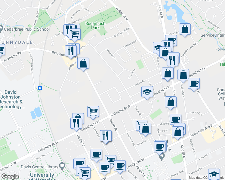 map of restaurants, bars, coffee shops, grocery stores, and more near 66 Cardill Crescent in Waterloo