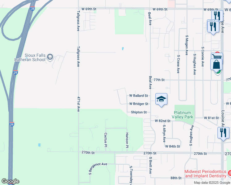 map of restaurants, bars, coffee shops, grocery stores, and more near 7101 Hanson Avenue in Sioux Falls